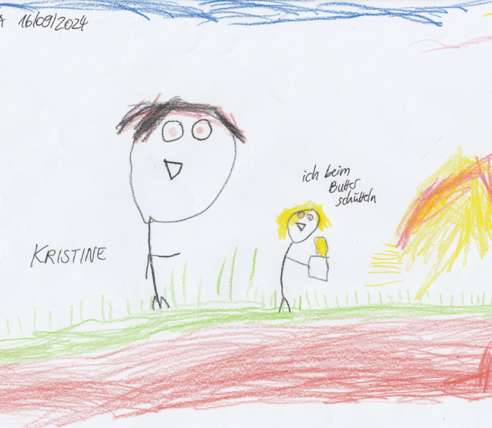 Gemaltes Bild eines Kindes beim Butterschütteln