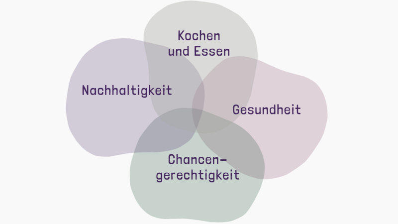Vier thematische Felder, die sich überschneiden: Kochen und Essen, Gesundheit, Nachhaltigkeit, Chancengerechtigkeit
