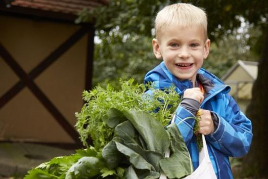 Ein Junge trägt in einem nachhaltigen Jutebeutel viel grünes Gemüse. 