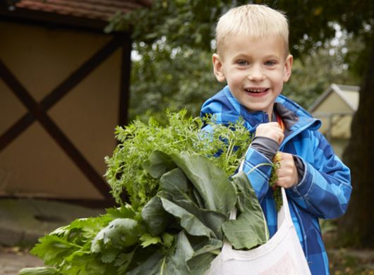 Ein Junge trägt in einem nachhaltigen Jutebeutel viel grünes Gemüse. 