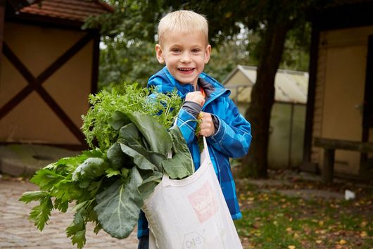 Junge mit Jutebeutel voll gefüllt mit Gemüse in der Hand 