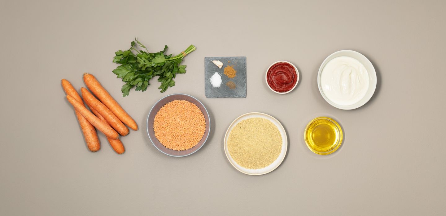 Zutaten für Linsenkroketten mit Möhrenjoghurt