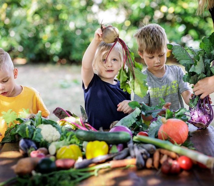 Kinder entdecken Gemüse, dass auf einem Tisch liegt